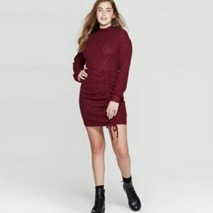 *NEW! MOCK TURTLENECK RUCHED LONG SLEEVE SWEATER PULL OVER KNIT DRESS SIZE SMALL